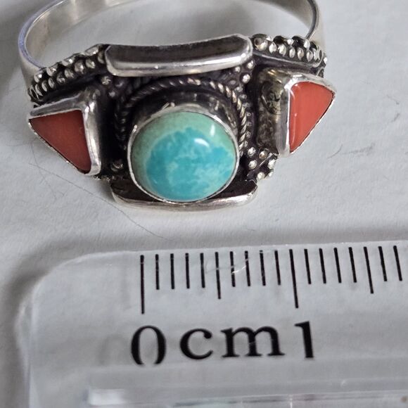 Mens Turquoise Coral 925 Sterling Ring Vintage Tibetan Boho Statement Sz 10.5 - Picture 11 of 12